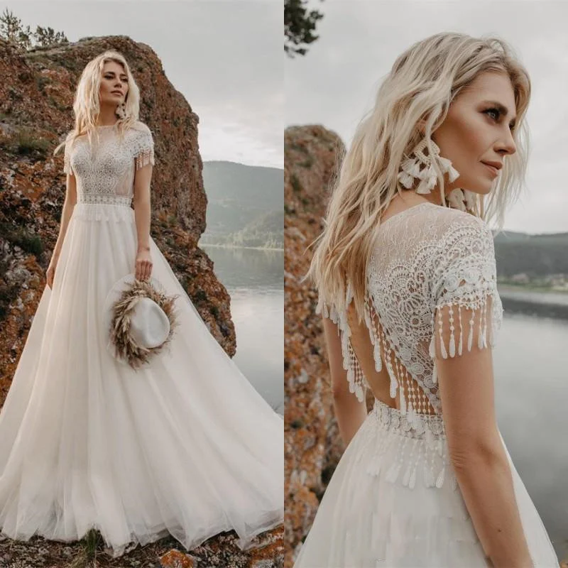 

Vestido De Noiva кружевные свадебные платья 2021 кружева пляж Бохо R линия Тюль развертки поезд тюлевые Свадебные платья в богемном стиле