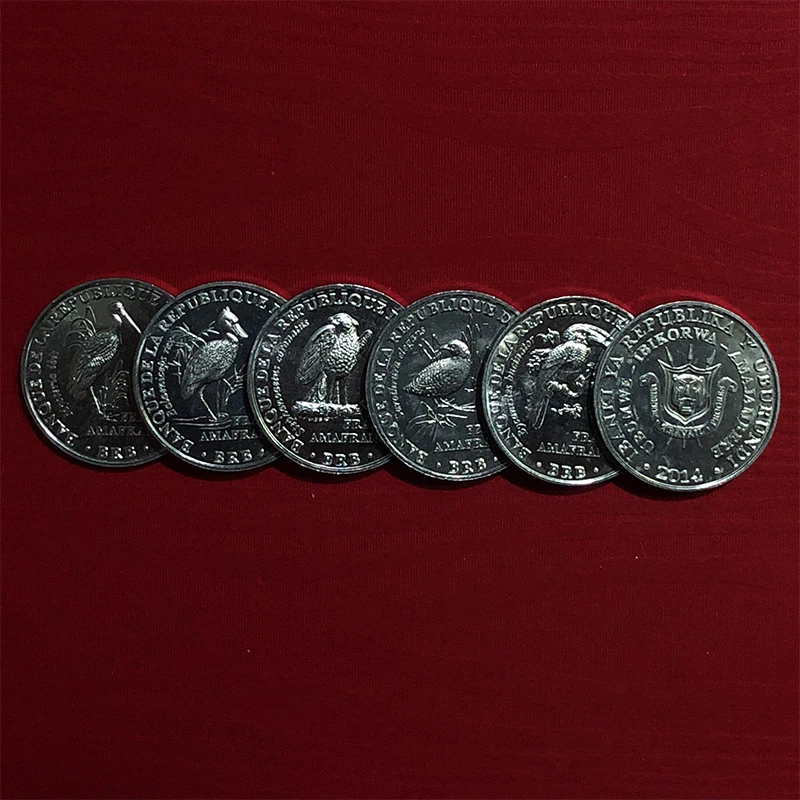 Комплект из 6 шт. разные монеты в 5 франков 2014 (разное издание птиц) оригинальные UNC