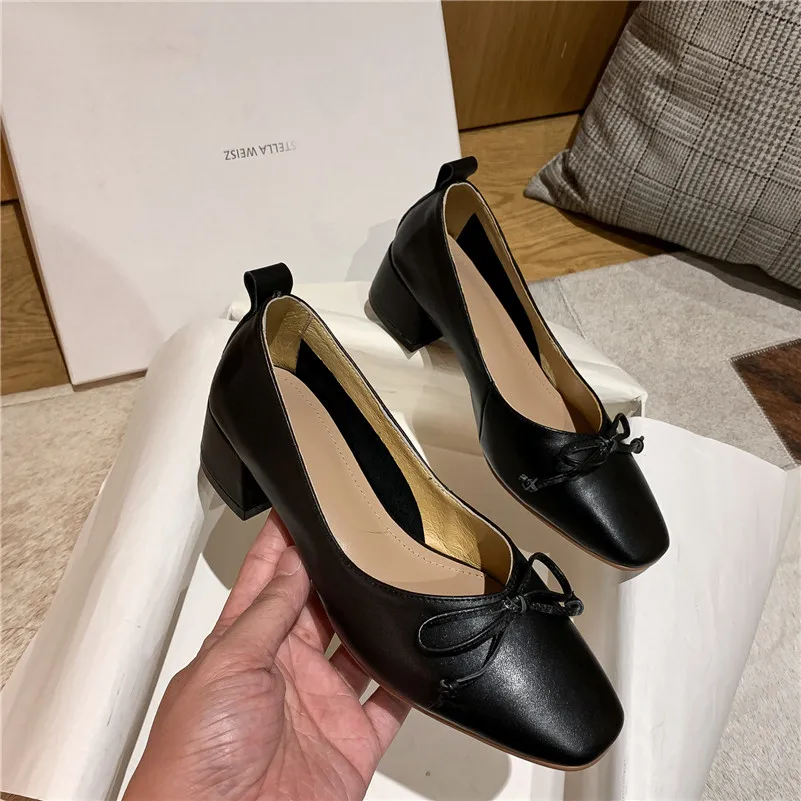 

Meotina Med Heels Genuine Leather Chunky Heel Women Shoes Bow Square Toe Pumps Shallow Slip On Office Ladies Footwear Beige 42
