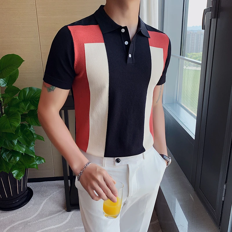 

Summer British Polo Shirt Men Knitting Contrast Color Short Sleeve Polo Shirts High Quality Ice Silk Breathable Men's Clothing