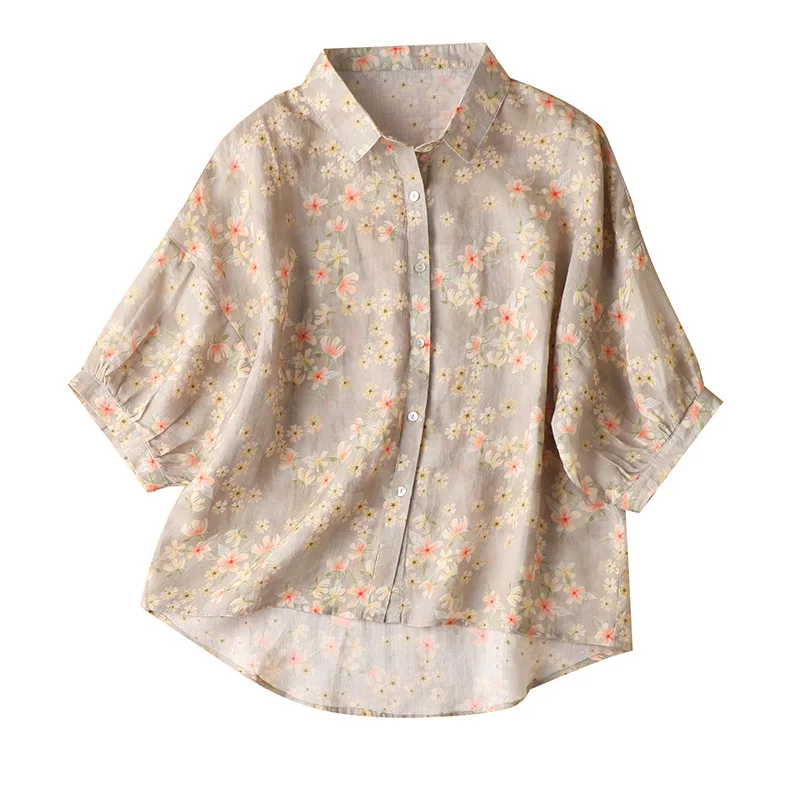 

SHUCHAN Blusas Mujer De Moda 2021 Verano Turn-down Collar Vintage Print Half Puff Sleeve Tops Mujer Button Up Shirt Loose