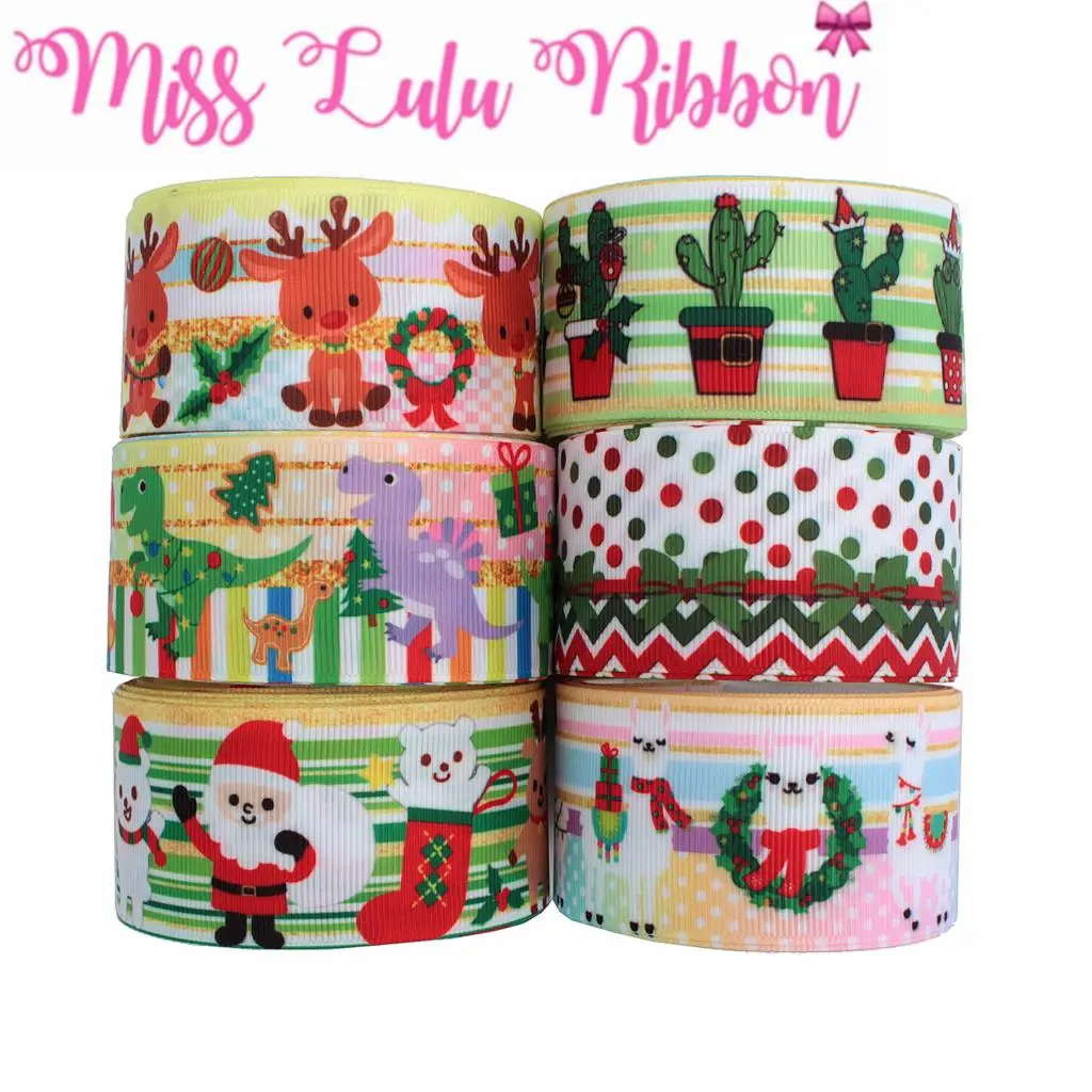 

16mm-75mm Christmas Series Cartoon Cactus Elk Dinosaur Alpaca Printed Grosgrain/Foe Ribbon DIY Hair Bowknots 50yards/roll