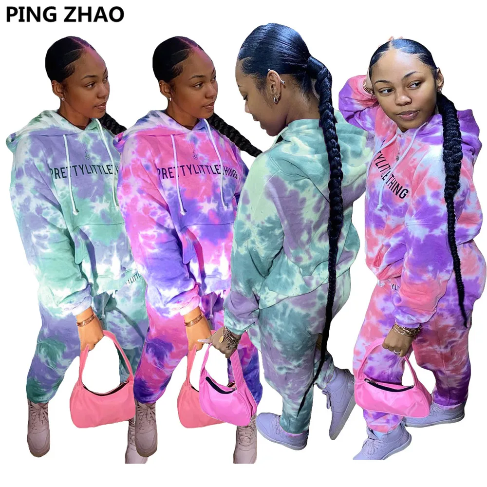 

PING ZHAO Autumn Winter New Women's Wear Hoodie Fabric Monogram Tie-Dye Casual Sports Two-Piece Suit Hooded Tracksuit