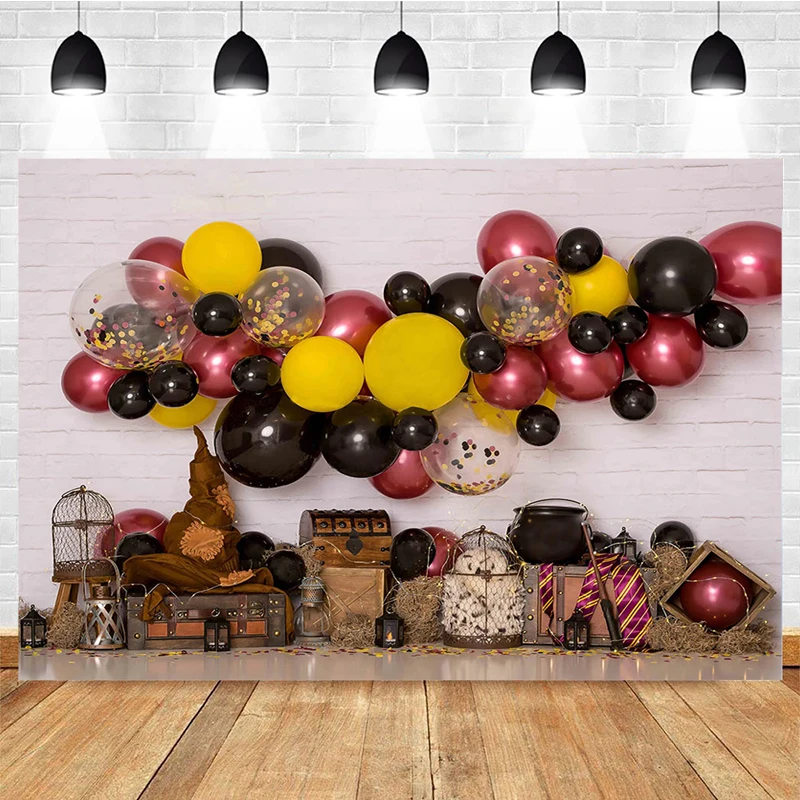 

Mocsicka Horry Wizard Cake Smash Photography Backdrops Balloon Suitcase Decor 1st Birthday Photocall Background Photo Studio