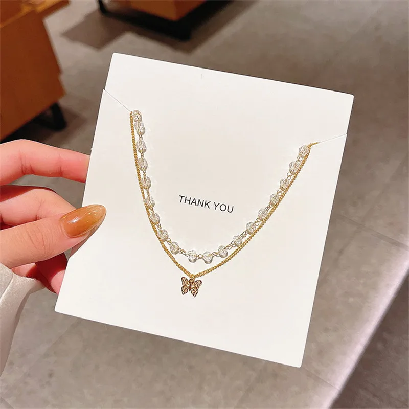 

2021 Fashion Double Layers Crystal Butterfly Choker Necklace Women Korean Delicate Titanium Steel Necklace Jewelry