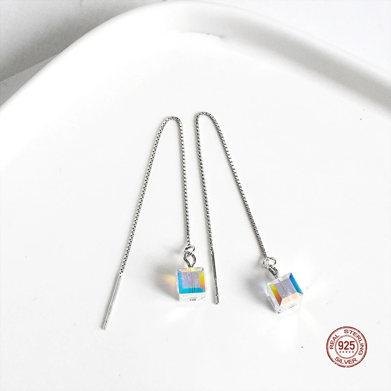 

LKO Real 925 Sterling Silver Simple Cute Cube Crystal Earrings For Woman Long Tassel Ear Studs For Girls Jewelry Gifts Dangle