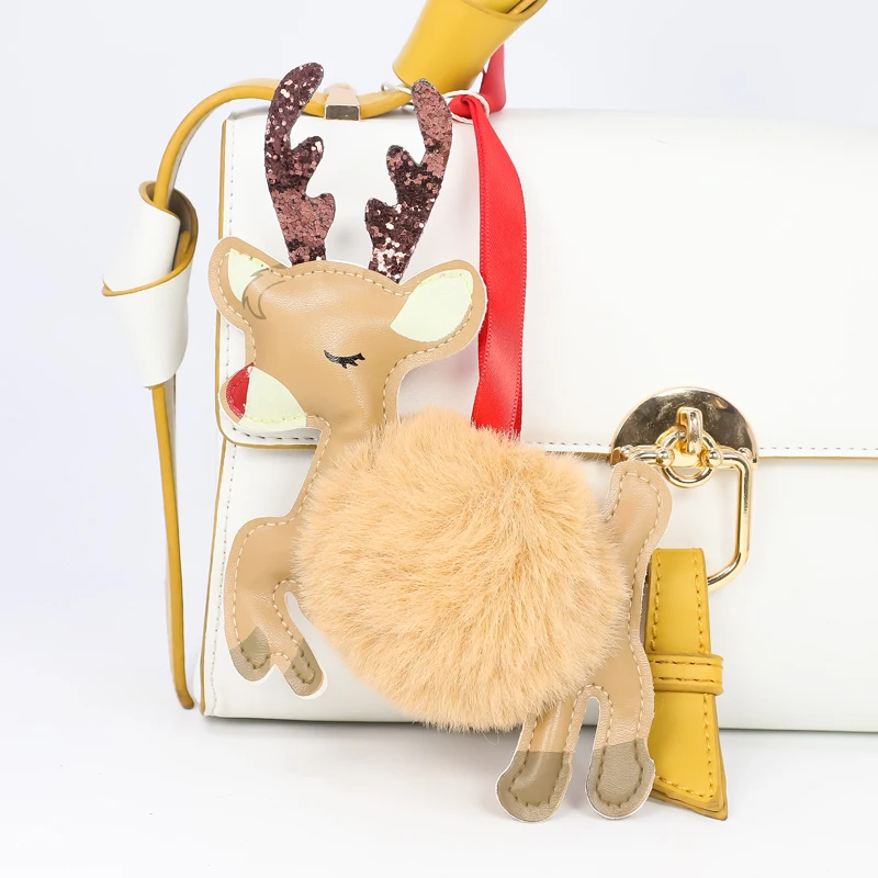 

New Year's Gift Christmas Elk Cute Gift Pendant 8CM Rex Rabbit Fur Ball Pompom Keychain Christmas Tree Decoration Bag Ornament
