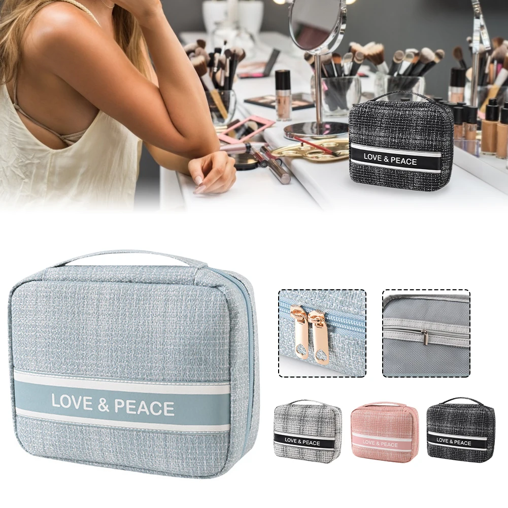 

2021 New Portable Makeup Bag Travel Cosmetic Bag Polyester Zippered Makeup Brush Toiletry Bag Multi-function with Handle