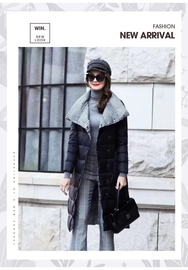 Double Sided Women's Down Jacket Long Winter Turtleneck White Duck Down Coat Female Double Breasted Plus size Warm Plaid Parkas