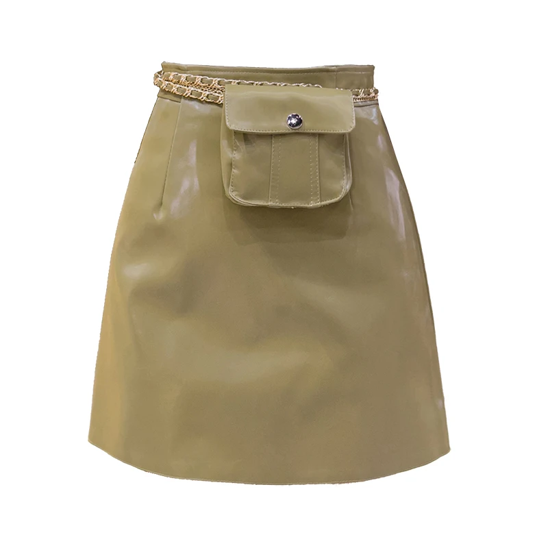 

Autumn Winter Shiny PU Leather Sexy Mini Skirts with Bag High Waist Sheath Wrap Skater A-Line Skirts Female 2020 New