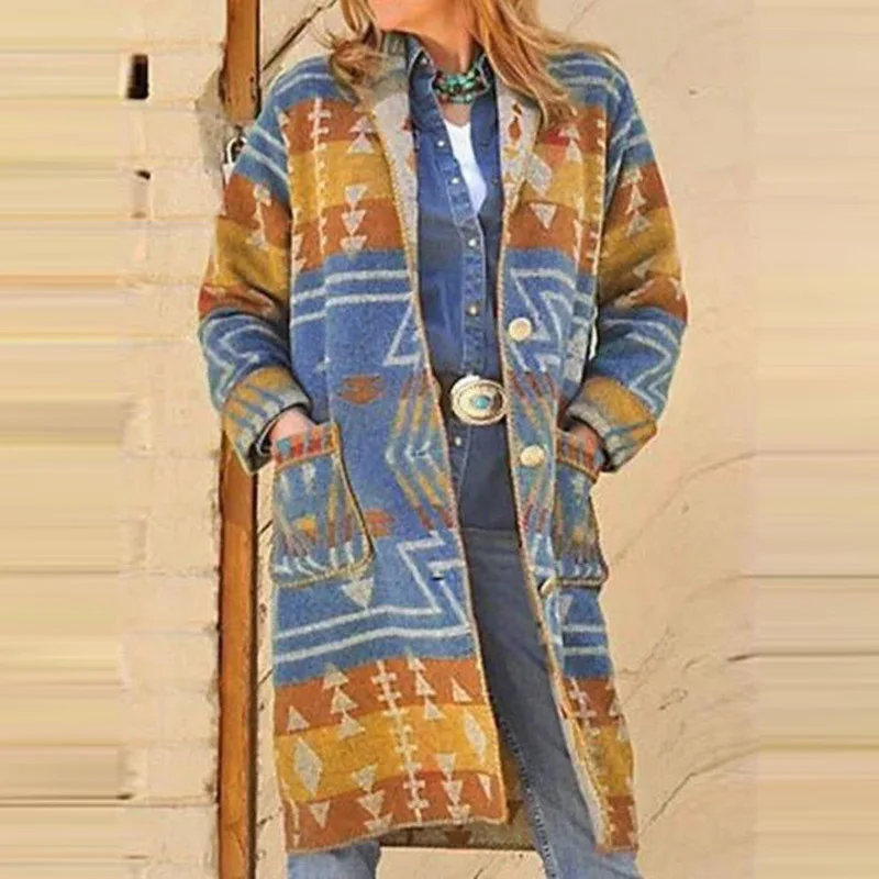 

2020 Autumn Winter Overcoat Expert Nation Style Printing Long Sleeve Trench Coat Women Basic Outerwear Coats Retro Pocket Trench