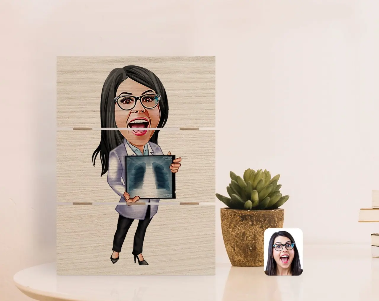 

Персонализированная Женская карикатура Radyolojist на аутентичный Настольный деревянный поддон e-e-1