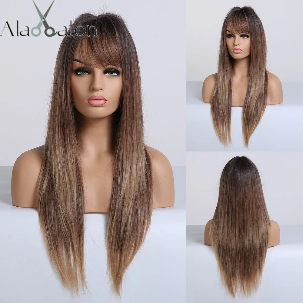 Черный длинный прямой парик ALAN EATON с челкой парики из синтетических волос для