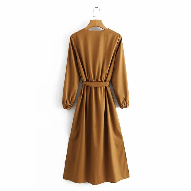 

High Quality Women's dress 2021 Solid Color Sashes Chic V Collar Long Sleeve Casual Slim Dresses Female Ladies Vestidos