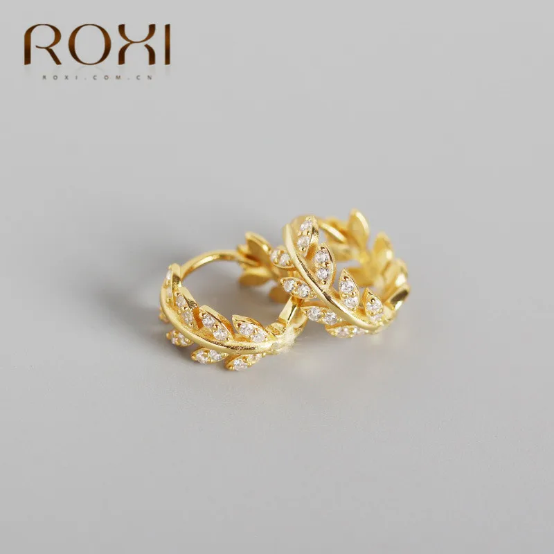 ROXI милый лавровый венок, серьги-каффы с цирконием, филиал, лист, клипсы, серьги для женщин, 925 пробы, серебряные серьги, бохо, серьги-Каффы - Окраска металла: Золотой цвет