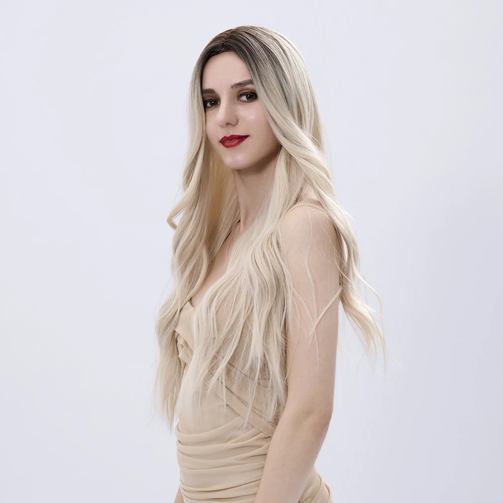 

Blonde Colored Long Wave Daily Ombre Hair Synthetic Wigs With For Women Natural Heat Resistant Female Cosplay Wavy Hair Wigs