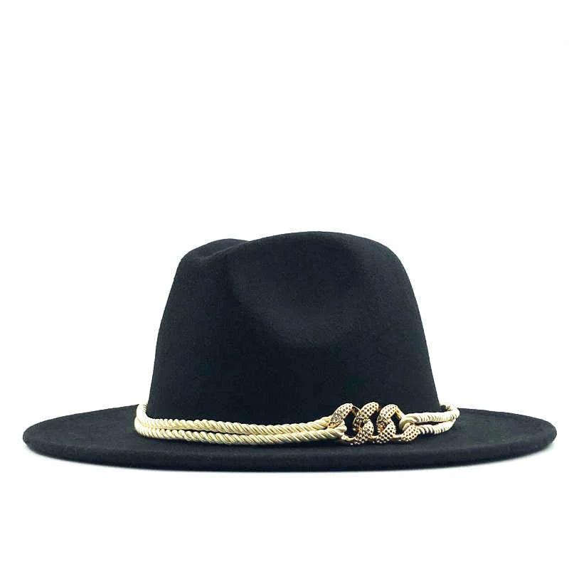 

Felt Black Wool Jazz Fedora Hats Belt Buckle Decor Women Unisex Wide Brim Panama Trilby Cowboy Cap Sunhat