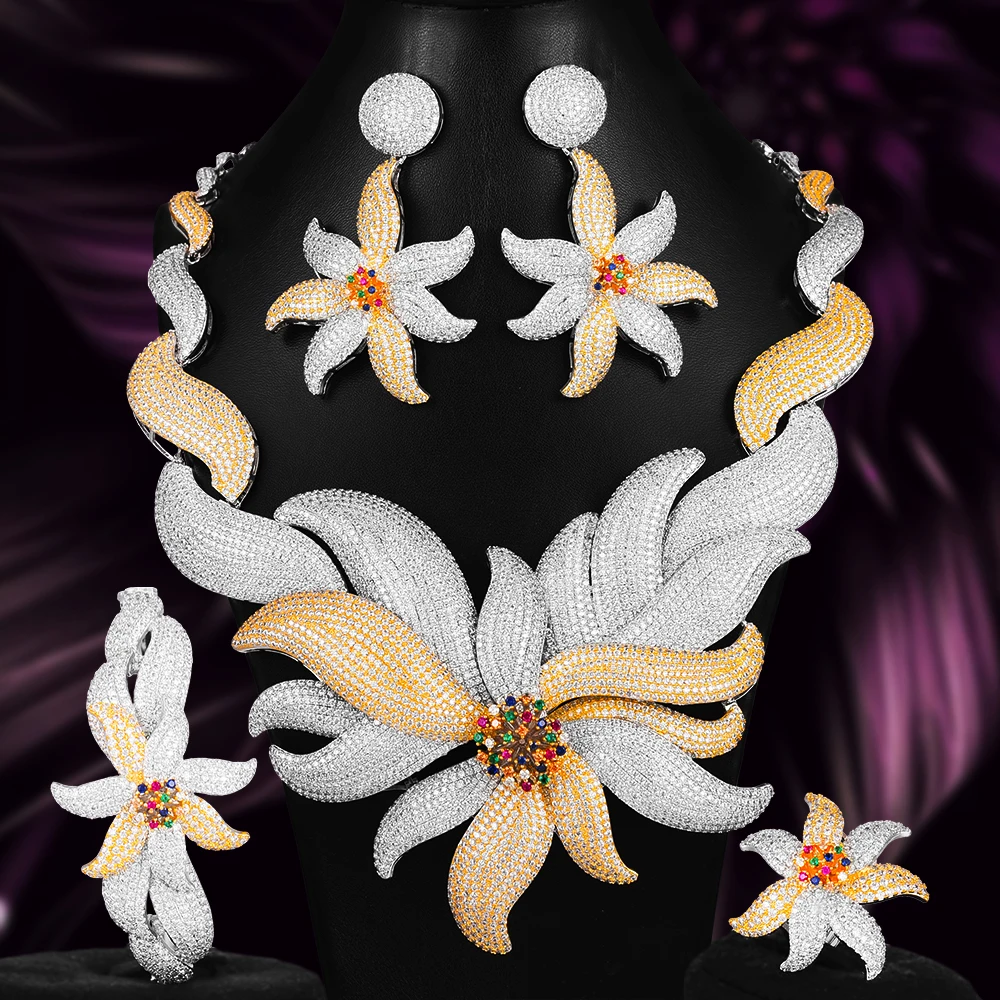 

Brand Precious Statement Cubic Zirconia Necklace Earrings Bangle Ring 4PCS For Women Bridal Luxury Dubai Wedding Jewelry Sets