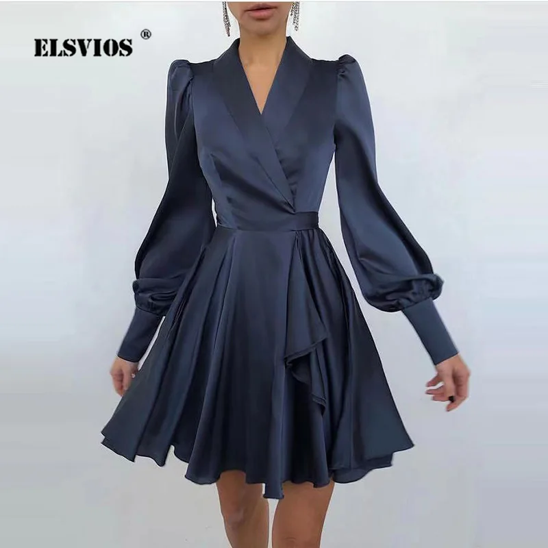 Платье женское атласное с V-образным вырезом и длинным рукавом-фонариком |