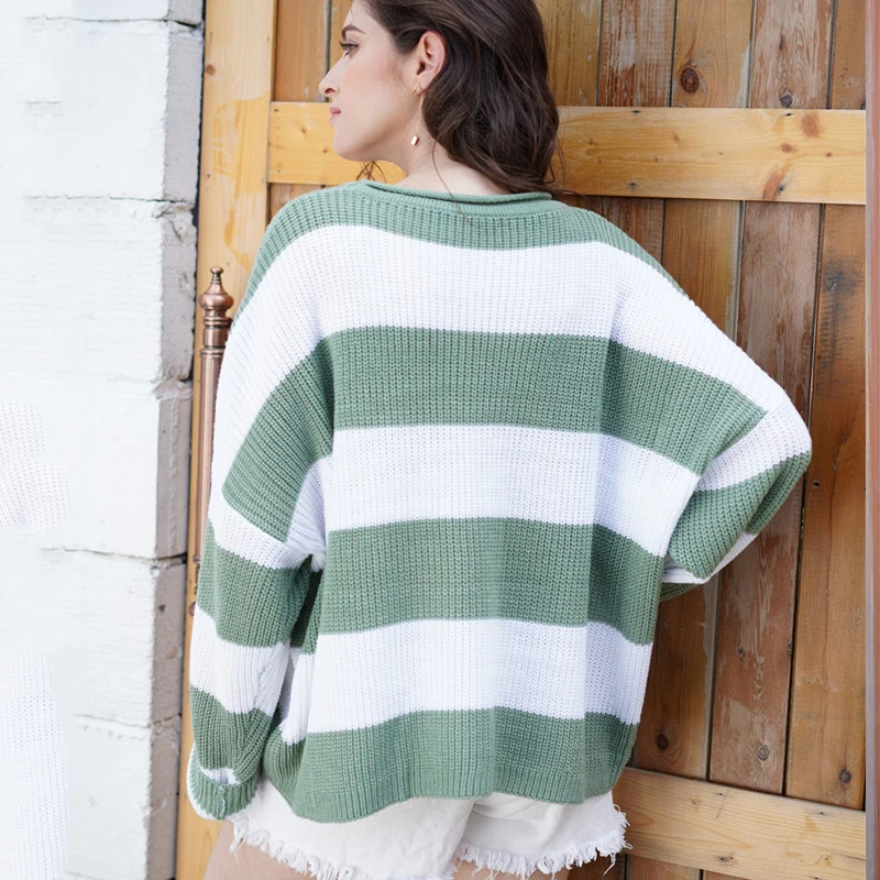 Женский свободный пуловер в полоску зеленый вязаный джемпер Осень-зима 2019 |