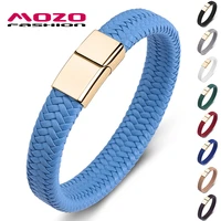fashion punk men jewelry blue braided leather bracelet gold stainless steel magnetic clasp fashion women bangles