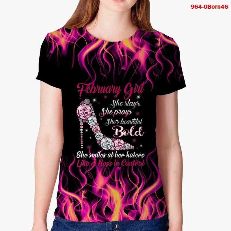 

Diamond High Heels Tops 3D Clothes Queen Are Born In February Tshirt Shirts for Women Aesthetic Clothes Letter Printed T Shirts