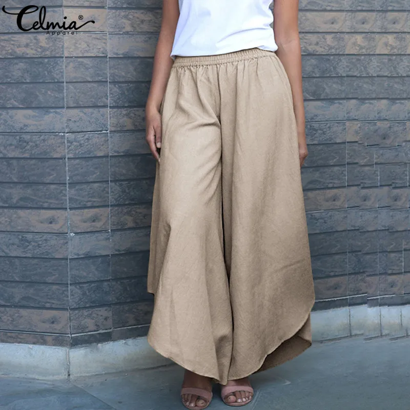 Женские винтажные широкие брюки Celmia льняные палаццо с высокой эластичной талией