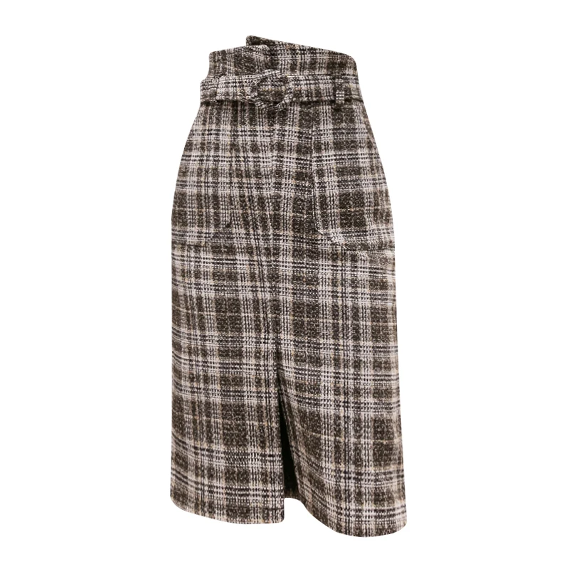 REALEFT осень-зима 2019 новые Юбки миди с высокой талией винтажные Клетчатые Шерстяные