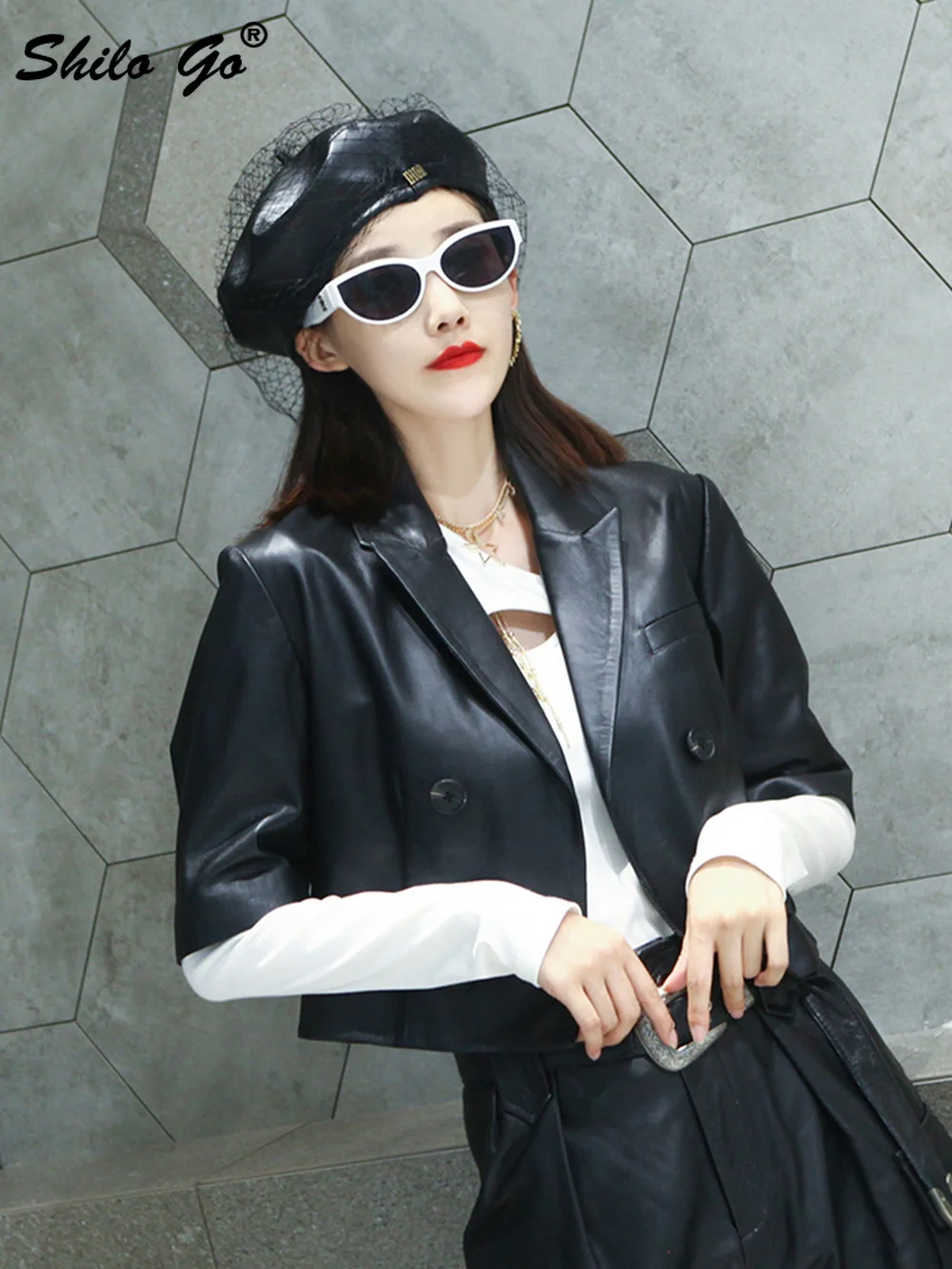 

Streetwear Notched Neck Double Breasted Half Sleeve Blazer Women Winter High Street Solid Genuine Leather Coat Sheepskin Outwear