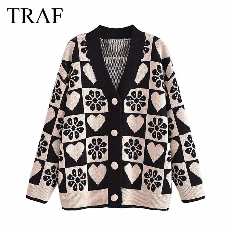 

TRAF ZA Women's Clothes Cardigan Autumn Fashion Print Plaid Knitted Sweater Button-Up Jacket Long Sleeve Chic Casual Cardigan