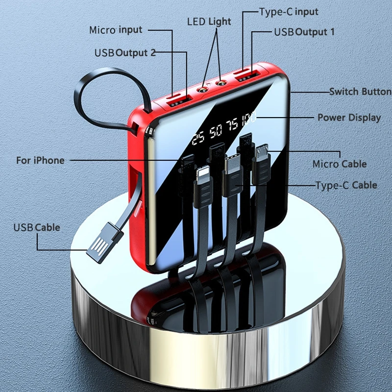

CASEIER 20000mAh Portable Charger Banking Powerbank For Mobile Phone 10000mAh Power Bank External Battery Four Cable With Light