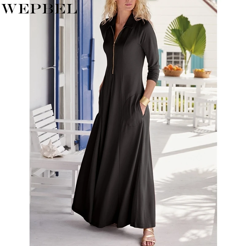 

WEPBEL Dress Women's Casual Slim Solid Color Long Sleeve Dress Spring and Autumn Fashion Zipper Turn-down Collar Pocket Dress