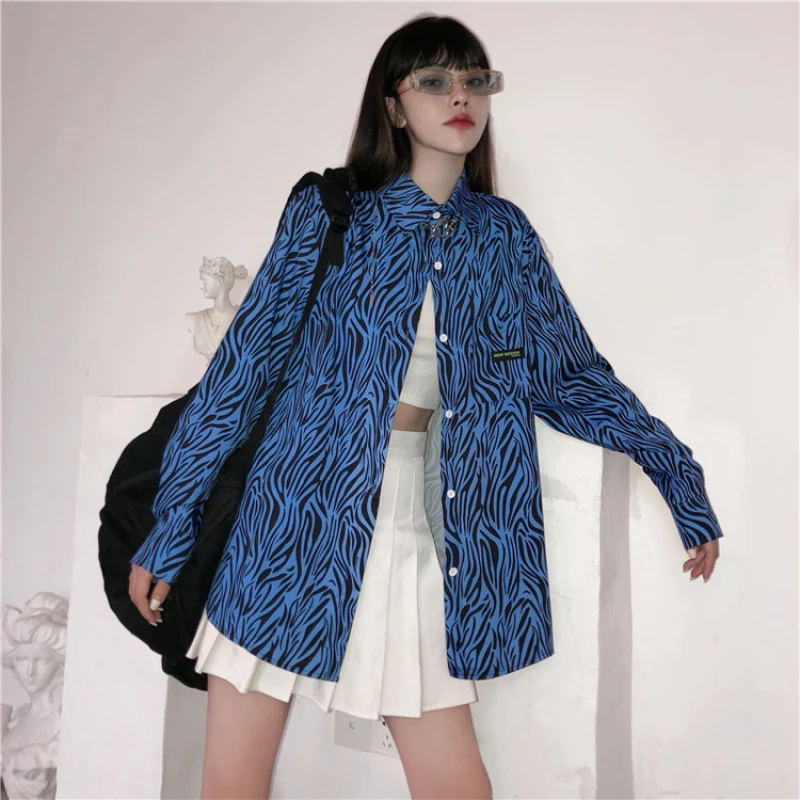 

Harajuku Style Zebra Striped Blue Women's Shirt Hip Hop Streetwear Clothing Loose Long Sleeve Women Blouse Casaul Oversize Shirt