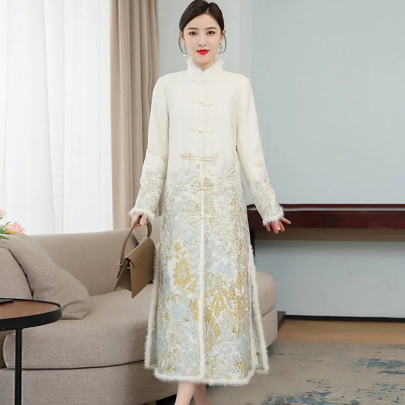 Cheongsam Autumn/Winter Retro Chinese Style Slim Temperament Embroidered Tang Suit Jacket Coat Buckle Zen Clothing Parkas M1742