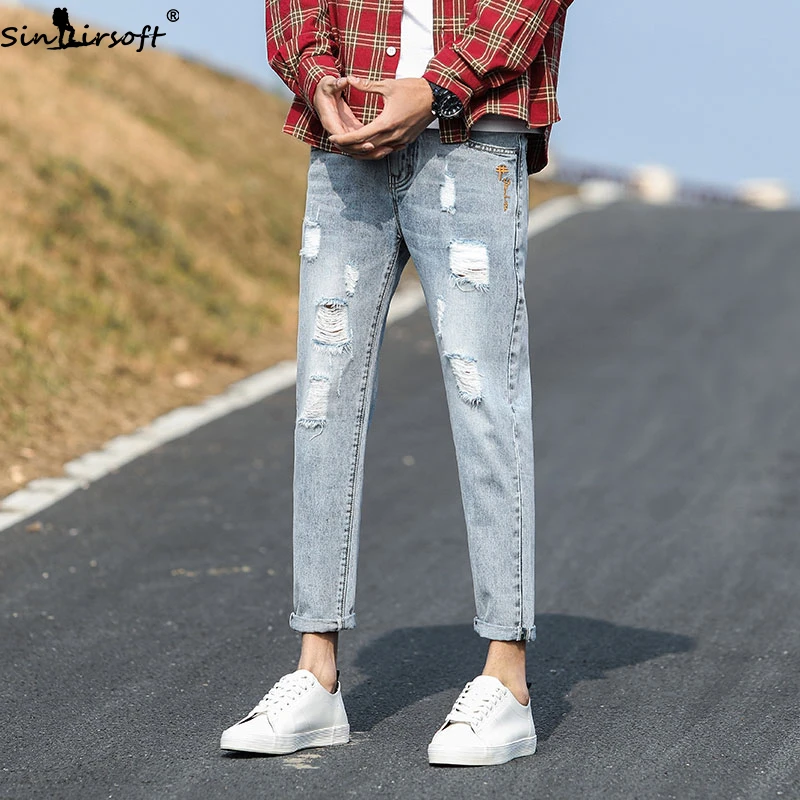Spring And Summer Men's New Ripped Jeans Korean Trend Slim Loose Wild Straight Casual Denim Trousers Men Tide Brand|Мужские джинсы| |