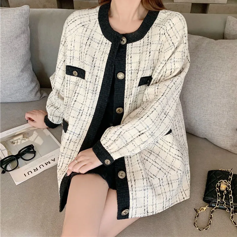 Cech tweed coat women clothes midi Elegant Slim Long Sleeve Plaid Coat Female Vintage jacket autumn winter coat ladies tops