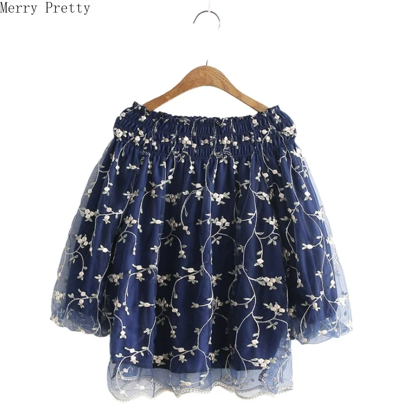 Женская сетчатая блузка с цветочной вышивкой и топы вырезом лодочкой рубашки