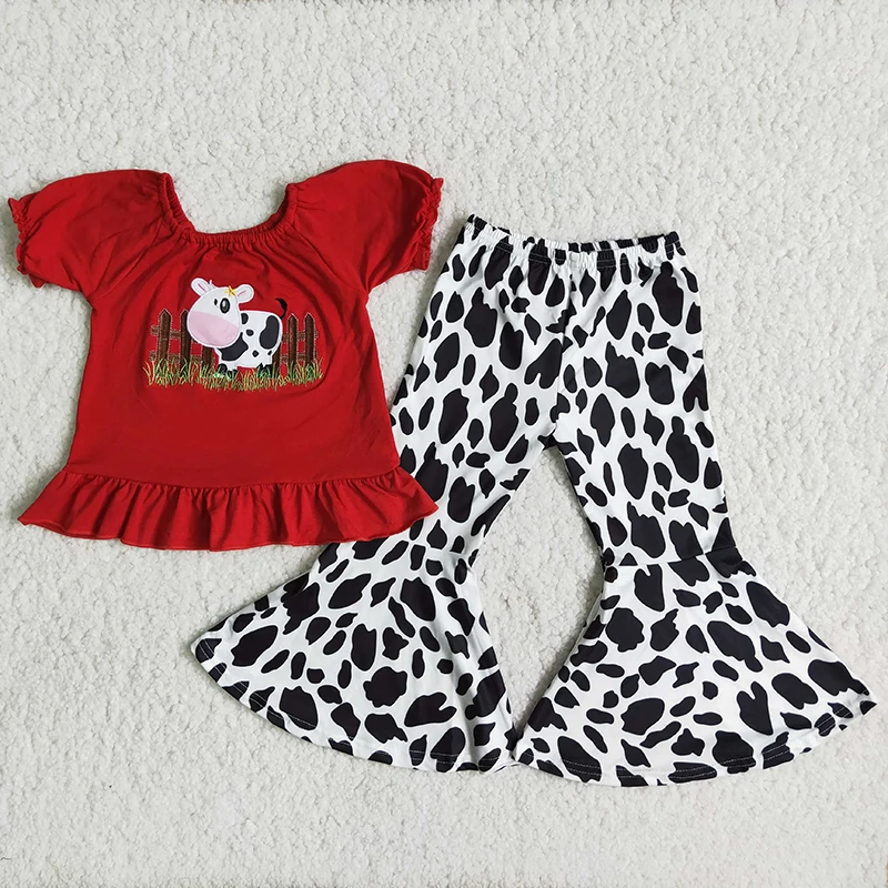 

2021 Spring Infant Cute Girl Cattle Short Sleeve T-Shirt Cow Print Bell Bottom Fashion Baby Outfit Wholesale Boutique Clothes