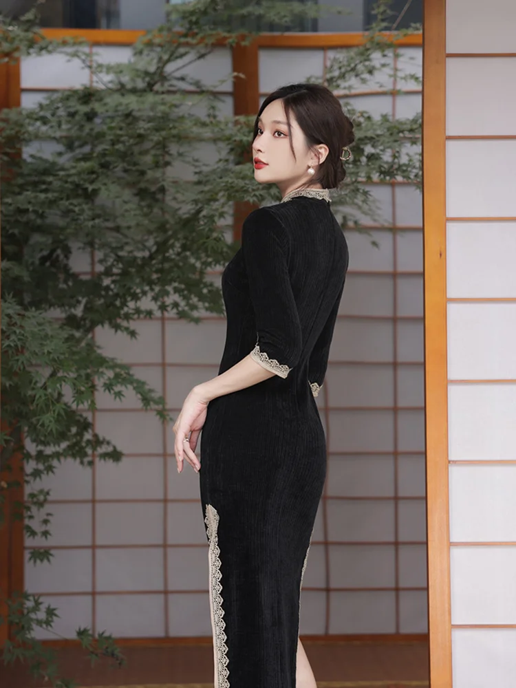 Женское черное платье в винтажном стиле традиционное китайское Ципао с коротким