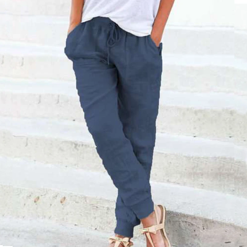 

2020 Spring Summer Plus Size Trousers Cotton Linen Solid Loose Harem Pants Mid Waist Drawstring Pockets Long Pants Female