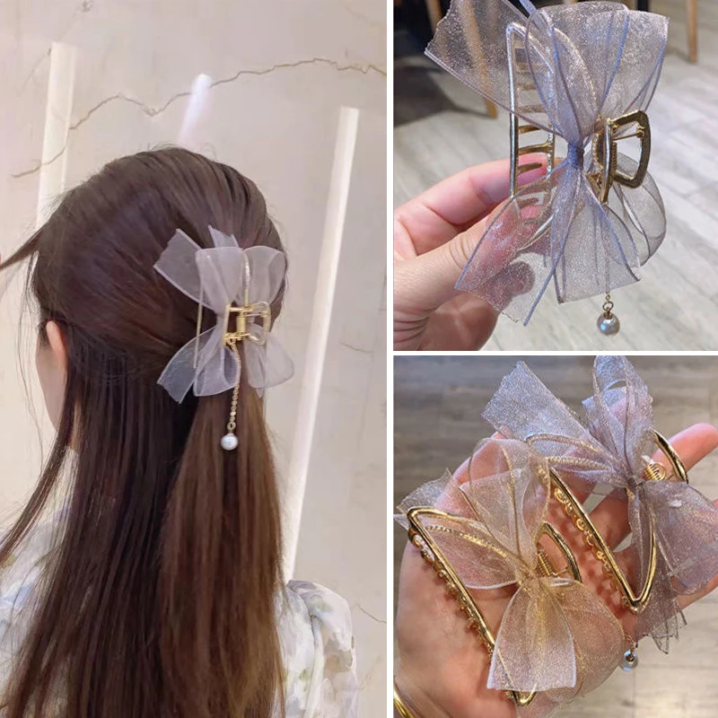 

Hairpins for Girls Korean Net Yarn Bow Hair Clips Claw Clip Metal Cute Headdress Barrette Pearl Chain Hair Accessory Side-Clips