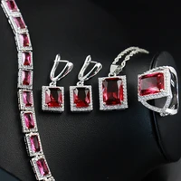 funmode 4pcs red geometric shape cubic zircon pendant earring jewelry sets for female dubai jewelry wholesale fs99