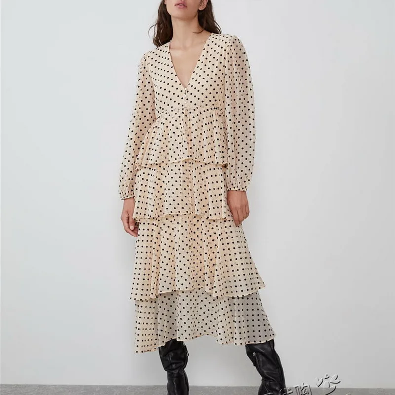 Осеннее женское платье 2019 Новое модное в горошек с длинным рукавом современные