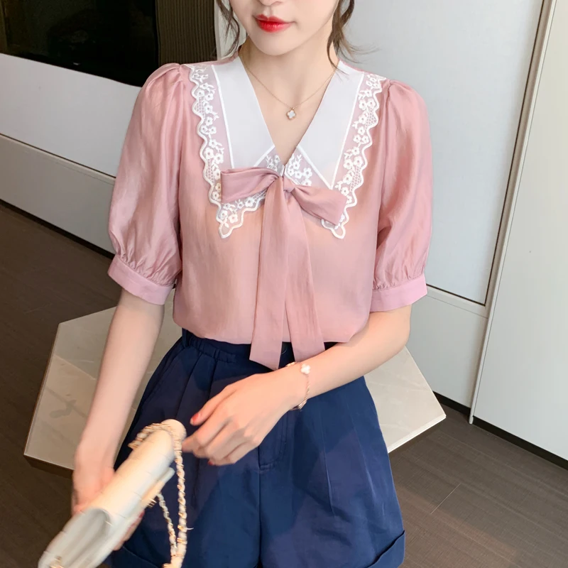 

COIGARSAM Cute Chiffon blouse women New Summer Peter pan Collar blusas womens tops and blouses Purple Pink 1090