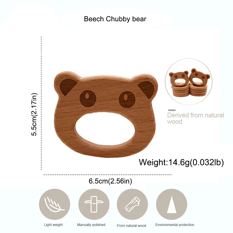 Kissteether-juguete Molar de oso gordo para beb&eacute;, anillo Molar de madera de haya de grado alimenticio, juguete para ni&ntilde;os, Molar de madera Diy-5