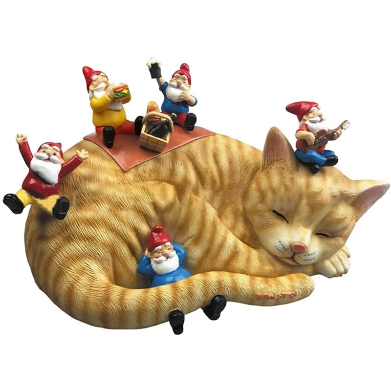

Garden Gnome Mischievous Dog Sleeping Cat Statue Funny Figurine for Indoor Outdoor Home Office Decor Yard Front Porch Ornaments