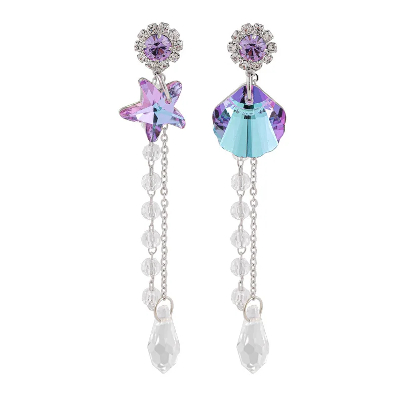 

Fashion Purple Shining Shells Crystal Stone Long Drop Earrings Square Asymmetry Earrings For Women Party Jewelry