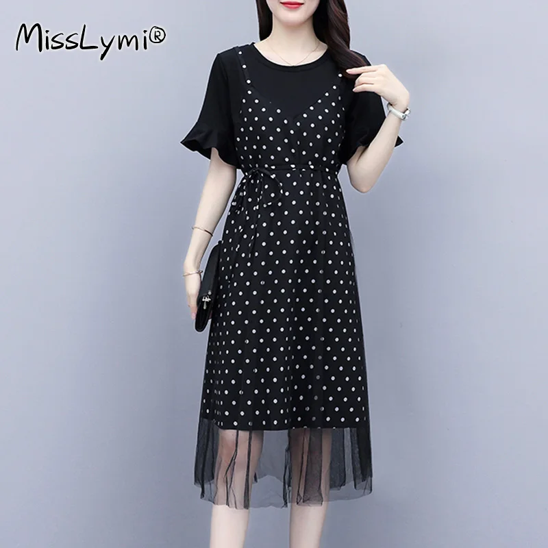 

5XL Plus Size Women Black Polka Dot Dresses Summer 2021 Flare Short Sleeve Patchwork High Waist A-Line Ladies Mesh Midi Dress