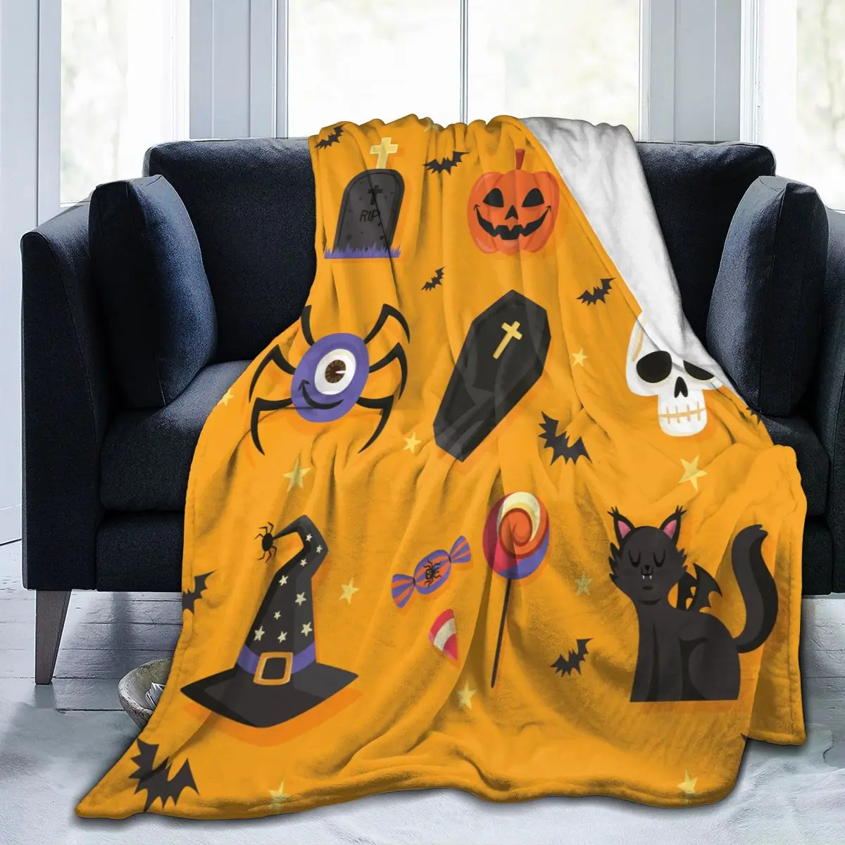 

Flannel Blanket Fun Halloween Elements Light Thin Mechanical Wash Warm Soft Blankets Throw on Sofa Bed Travel Patchwork