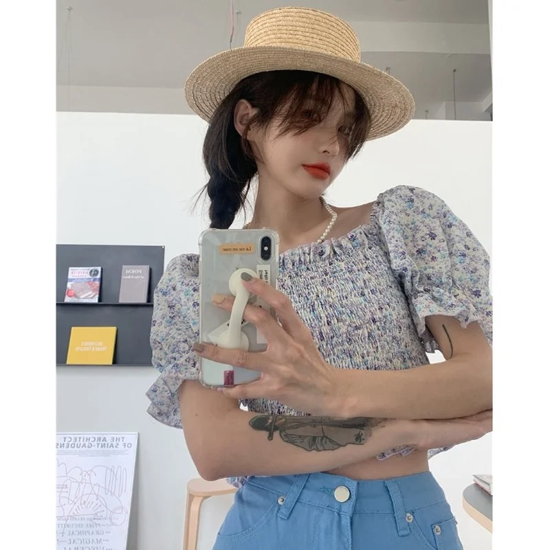 

ZAWAHIKI Blouses Women Tops Floral Square Neck Puff Sleeve Short Sexy Blusas Mujer 2021 Summer Sweet Slim Shirts Retro